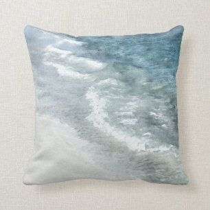 Beach Watercolor - Coastal Teal Dark Blue Waves Cushion