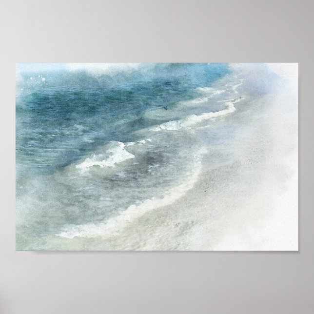 Beach Watercolor - Coastal Teal Dark Blue Waves Poster (Front)