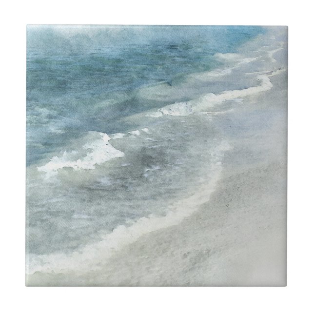 Beach Watercolor - Coastal Teal Dark Blue Waves Tile (Front)