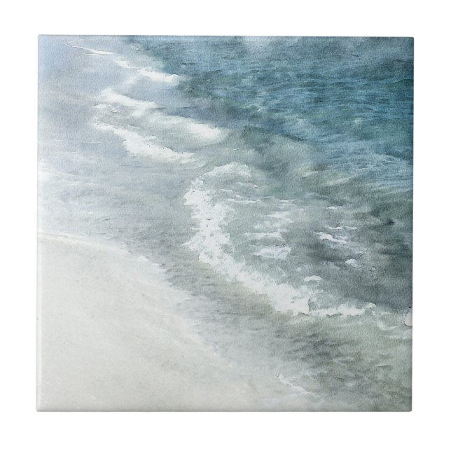 Beach Watercolor - Coastal Teal Dark Blue Waves Tile (Front)