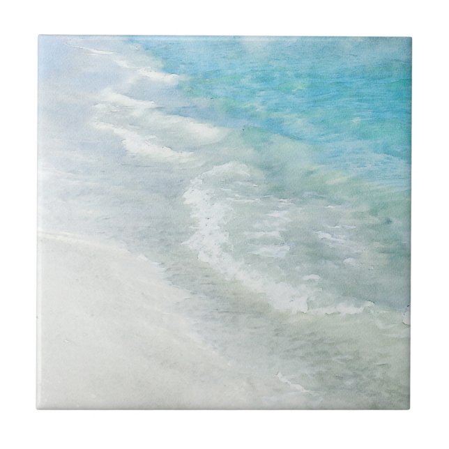 Beach Watercolor - Coastal Teal Light Blue Waves Tile (Front)