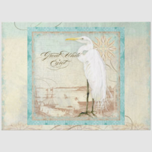 Beach Watercolor Egret Vintage Ephemera Decoupage Tissue Paper