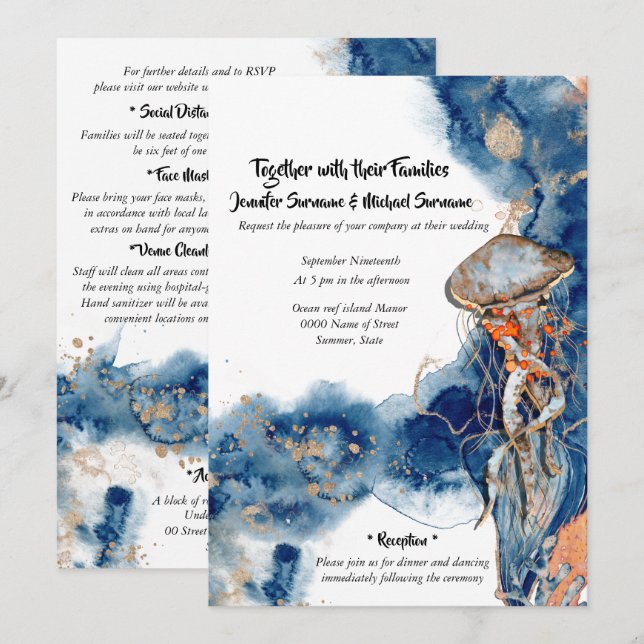 Beach watercolor jelly fish navy orange wedding invitation (Front/Back)