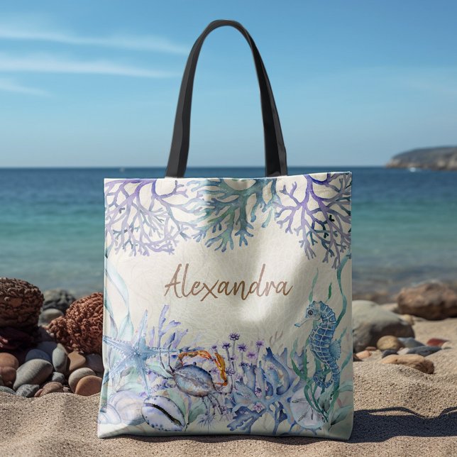 Beach Watercolor Ocean Sea Life Personalised Tote Bag (Creator Uploaded)