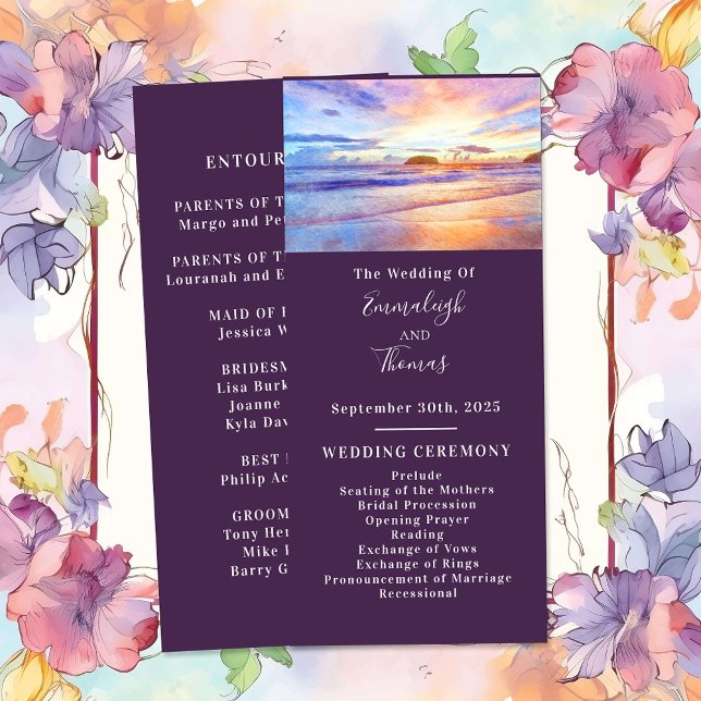 Beach Watercolor Pink Sunrise Wedding Programme (Creator Uploaded)