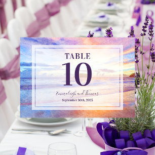 Beach Watercolor Pink Sunrise Wedding Table Number