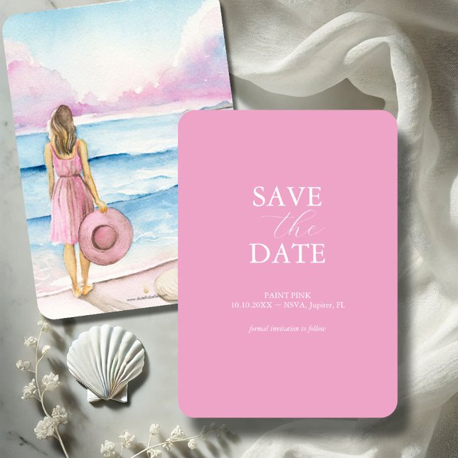 Beach Watercolor Save The Dates Date (Pink save the date invitation with watercolor beach scene by Victoria Grigaliunas of Do Tell A Belle)