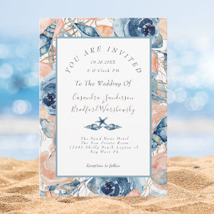 Beach Watercolor Shell Rose Floral Blue Wedding Invitation
