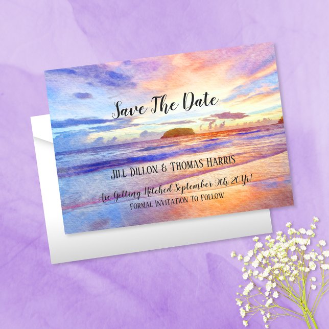 Beach Watercolor Sunrise Save The Date Invitation (Creator Uploaded)