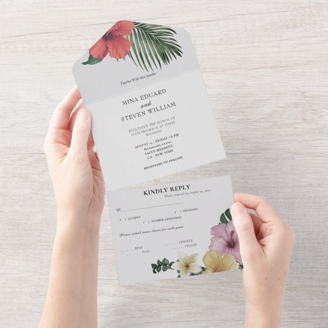 Beach Watercolor Tropical Flower wedding All In One Invitation (Tearaway)