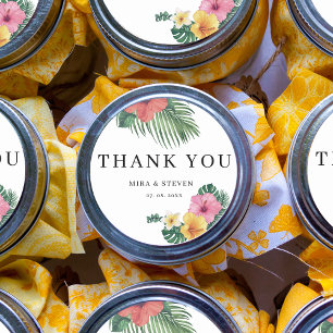 Beach Watercolor Tropical Flower Wedding thank you Classic Round Sticker