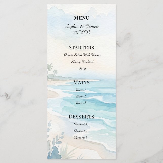Beach Watercolor Wedding Menu (Front)