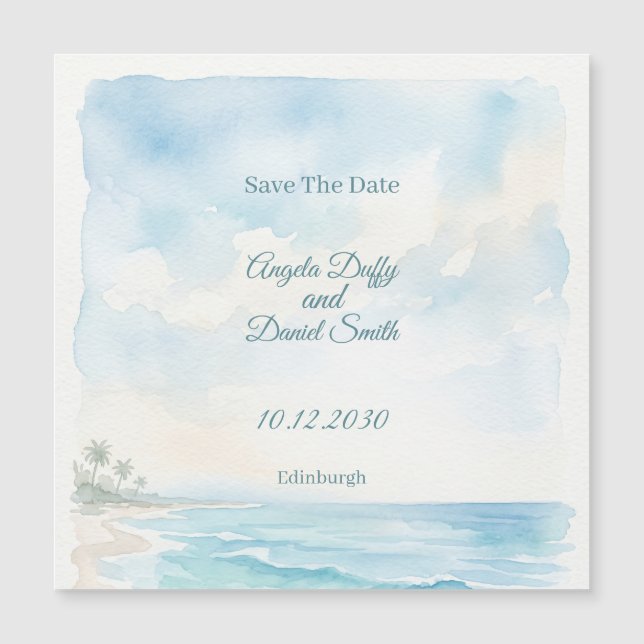 Beach Watercolour Save The Date Magnetic Card (Front)