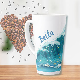 Beach Wave Peaceful Blue and Glitter Cute Latte Mug