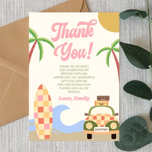 Beach Wave Surf Board Pink Birthday Party Thank You Card (Creator Uploaded)