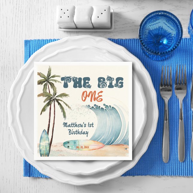 Beach Wave Surf The Big One Birthday Party Napkin (Creator Uploaded)