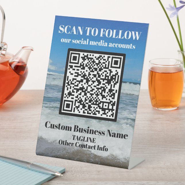 Beach Waves Custom Social Media QR Code Template  Pedestal Sign (In SItu)