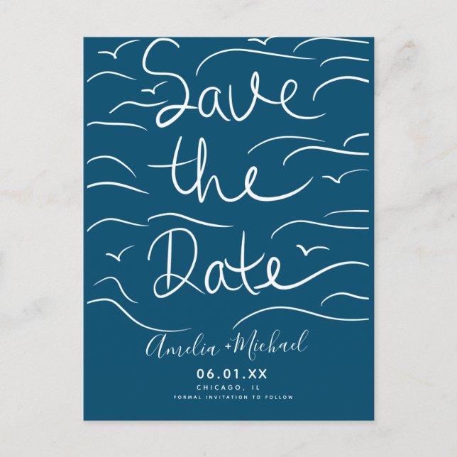Beach Waves Hand-Drawn Script Save the Date Photo Postcard (Front)