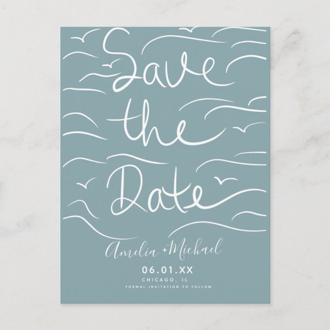 Beach Waves Hand-Drawn Script Save the Date Photo Postcard (Front)