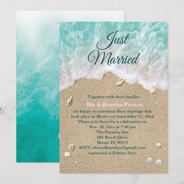 Beach Waves Just Married Post Wedding Invitation (Front/Back)