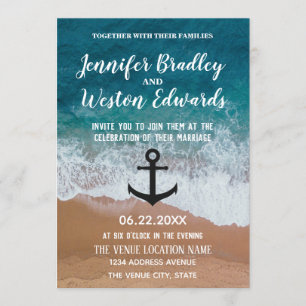 Beach Waves Monogram Anchor Nautical Wedding Invitation