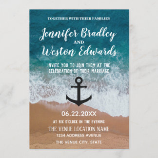 Beach Waves Monogram Anchor Nautical Wedding Invitation