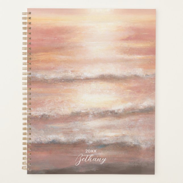 Beach Waves Pink Peach Ocean Sunset Watercolor Planner (Front)