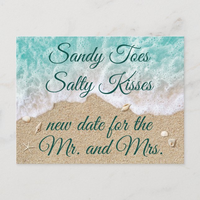 Beach Waves Sandy Toes Salty Kiss Change the Date Announcement Postcard (Front)