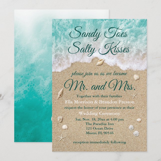 Beach Waves Sandy Toes Salty Kisses Wedding Invite (Front/Back)