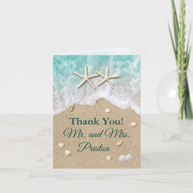 Beach Waves & Starfish Photo Thank You Card (Front)