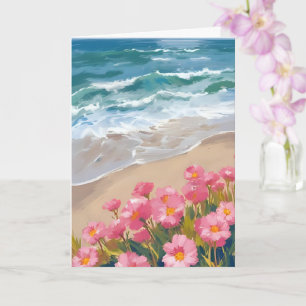 Beach Waves Watercolor Pink Floral Painting Card