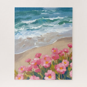 Beach Waves Watercolor Pink Floral Shore Painting Jigsaw Puzzle