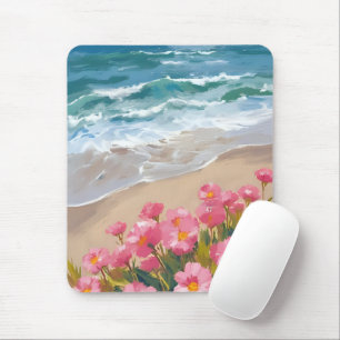 Beach Waves Watercolor Pink Floral Shore Painting Mouse Mat