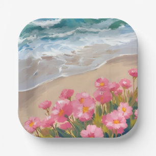 Beach Waves Watercolor Pink Floral Shore Painting Paper Plate