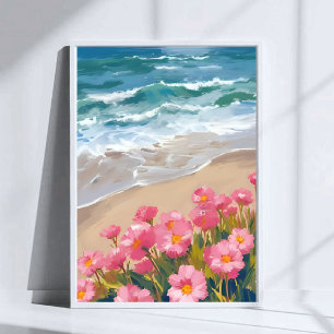 Beach Waves Watercolor Pink Floral Shore Painting Poster
