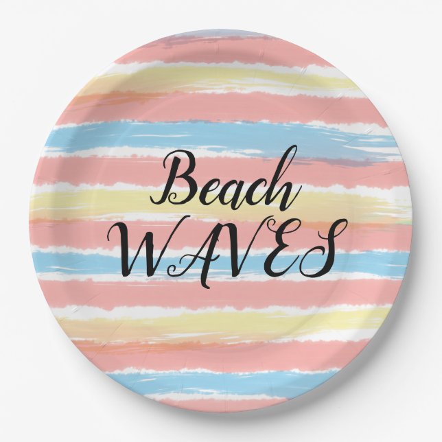 Beach Waves Yellow Pink Blue Watercolor Paper Plate (Front)