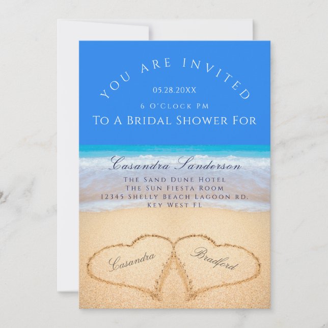 Beach Wedding 2 Hearts in the Sand Bridal Shower I Invitation (Front)