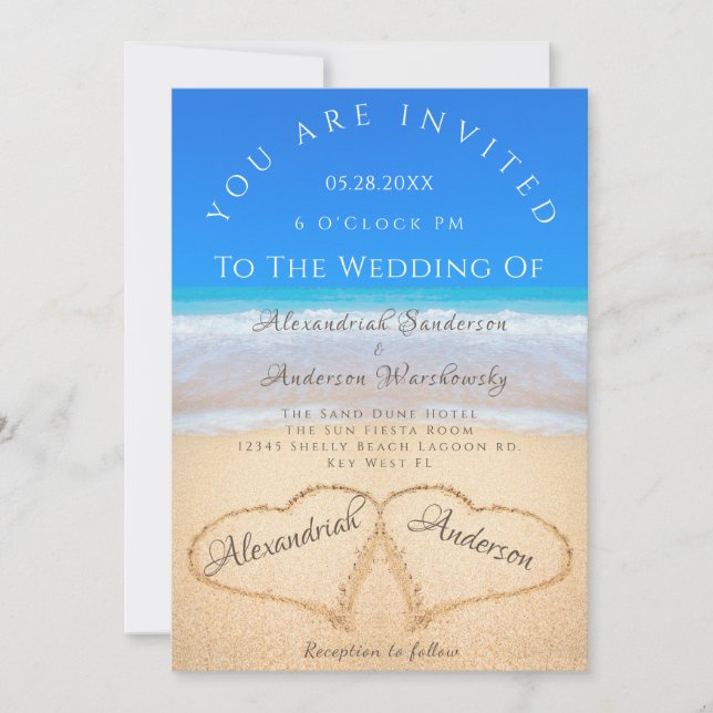 Beach Wedding 2 Hearts in the Sand  Wedding   Invitation (Front)