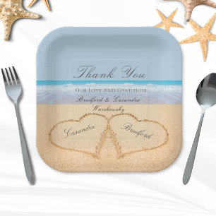 Beach Wedding 2 Hearts in the Sand Wedding Paper Paper Plate