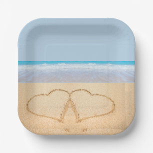 Beach Wedding 2 Hearts in the Sand Wedding Paper Plate