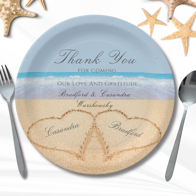Beach Wedding 2 Hearts in the Sand  Wedding  Paper Plate (Creator Uploaded)