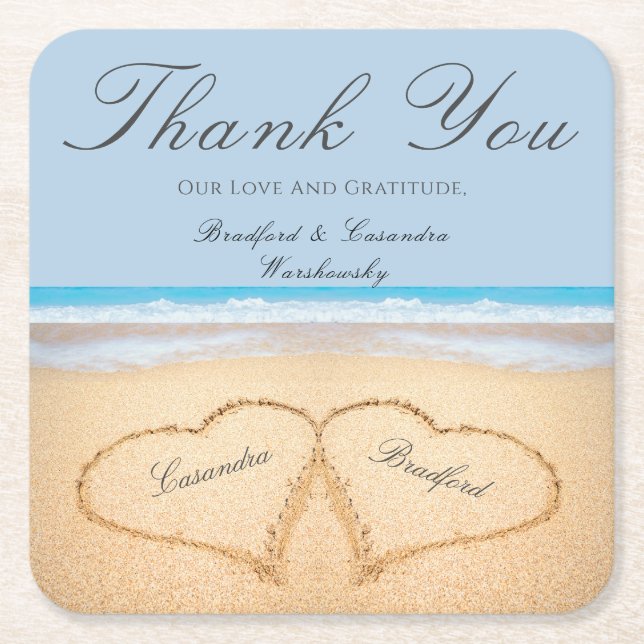 Beach Wedding 2 Hearts in the Sand  Wedding  Paper Square Paper Coaster (Front)