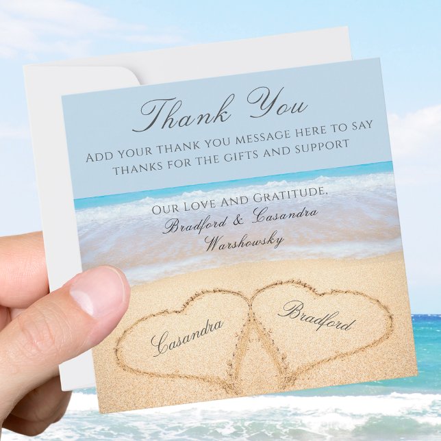 Beach Wedding 2 Hearts in the Sand  Wedding  Thank Thank You Card (Creator Uploaded)