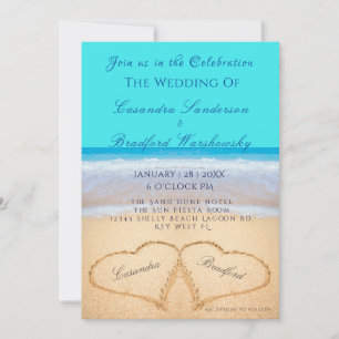 Beach Wedding 2 Hearts Sand Teal Blue Invitation