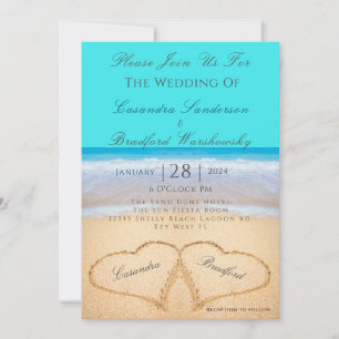 Beach Wedding 2 Hearts Sand Teal Blue Invitation