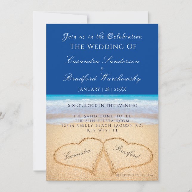 Beach Wedding 2 Hearts Sand Wedding Dark Blue  Inv Invitation (Front)