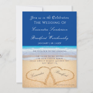 Beach Wedding 2 Hearts Sand Wedding Dark Blue  Inv Invitation