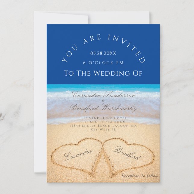 Beach Wedding 2 Hearts Sand Wedding Dark Blue Invitation (Front)