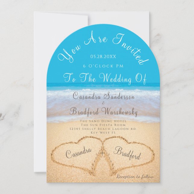 Beach Wedding 2 Hearts Sand Wedding Ocean Blue Inv Invitation (Front)