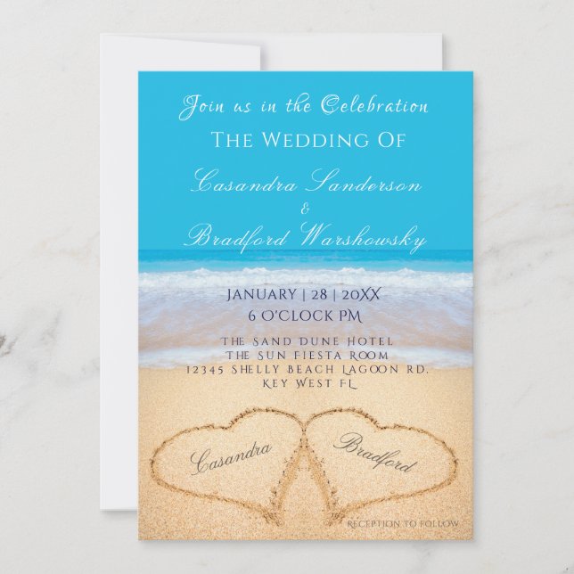 Beach Wedding 2 Hearts Sand Wedding Ocean Blue Inv Invitation (Front)
